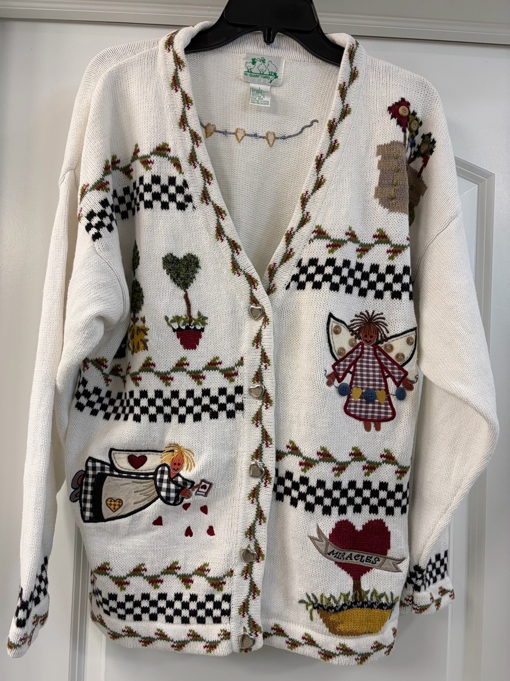 Vintage Quacker Factory Embroidered Cottagecore Angel, folk art  Cardigan LG